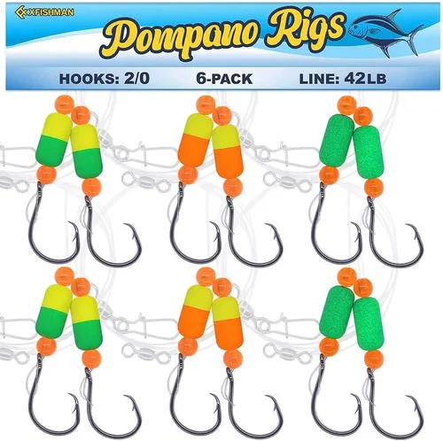 Aparejos Pompano para Pesca de Surf en Agua Salada con Gancho de Doble Círculo y Espacio Amplio - Juego de 6 Accesorios de Pesca de Surf Paquete