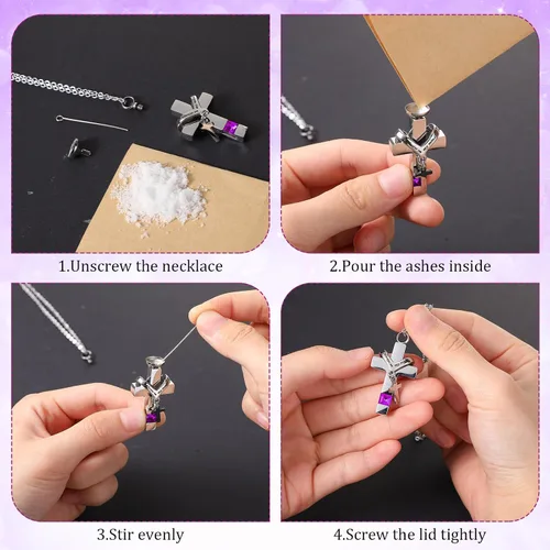 Miniatura 19 de 16 piezas de collar de urna para cenizas, medallón de cenizas talladas de acero inoxidable impermeable con 8 kit de relleno, cilindro de corazón