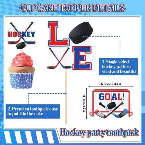 Miniatura 4 de 27 piezas de suministros de fiesta de cumpleaños de hockey bola de hielo, regalos de fiesta de hockey para cupcakes, remolinos colgantes