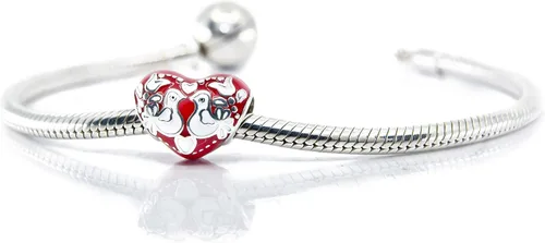 Tortolitos en fuego, corazón de esmalte rojo y blanco de plata esterlina encanto grano S925, amor aniversario corazón esmalte encanto, arte popular