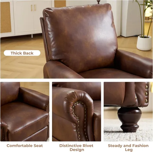 Miniatura 5 de Sillón reclinable con masaje y calefacción, silla reclinable de cuero transpirable con respaldo sobrerelleno y decoración de remaches, sofá Marrón