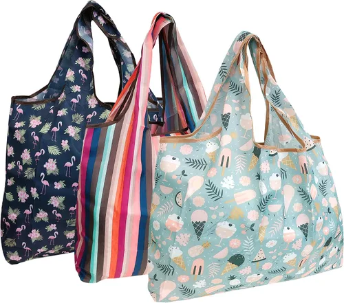 Miniatura 14 de alldyrew - Bolsa plegable para compras, reutilizable de nailon grande, 3 unidades Deliciosos alimentos