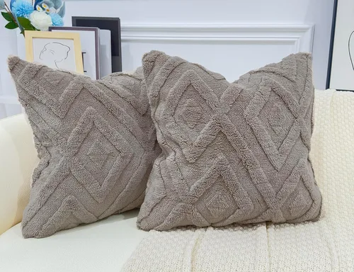 Miniatura 11 de Juego de 2 fundas de almohada de piel sintética beige de 16x16, funda de almohada decorativa de cuadros suave estilo boho para sofá, cama, sala