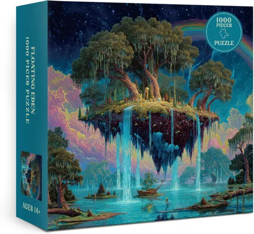 Miniatura 2 de Rompecabezas de isla flotante de bosque de fantasía de 1000 piezas para adultos, rompecabezas mágico de cascada de arco iris, rompecabezas de arte