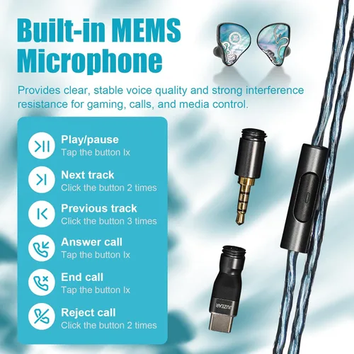 Miniatura 6 de HiFiGo Juzear Defiant Gamefidelity Edition Gaming IEMs, auriculares híbridos con cable 1DD+3BA, monitores intrauditivos con aislamiento de ruido