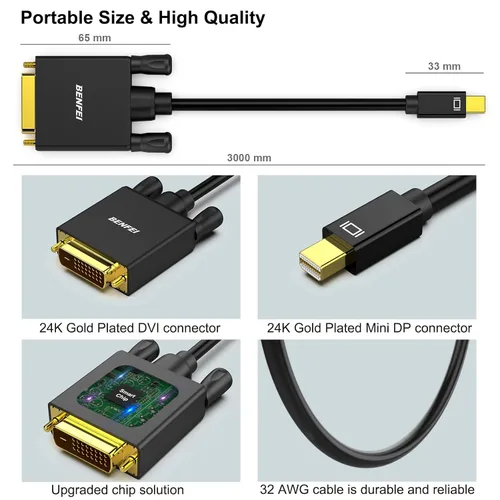 Miniatura 6 de BENFEI Cable Mini DisplayPort a DVI, cable de Mini DisplayPort a DVI de 10 pies (compatible con Thunderbolt 2) con MacBook Air/Pro, Surface 1 Paquete