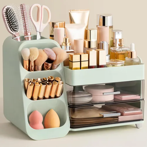 Miniatura 10 de HBlife Organizador de maquillaje con soporte para brochas para tocador, organizador grande de plástico para tocador de baño, almacenamiento