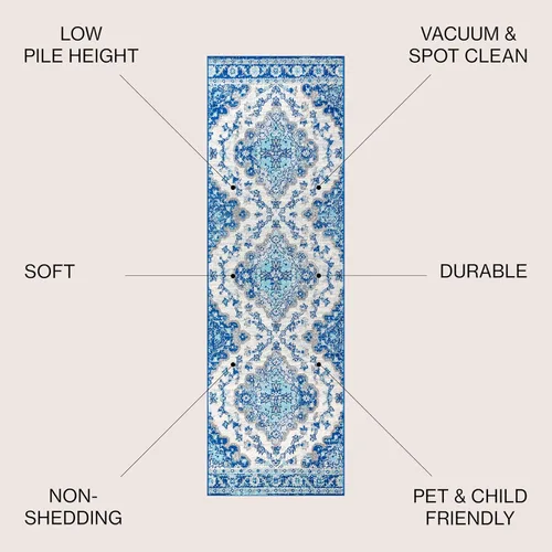 Miniatura 2 de JONATHAN Y - Alfombra de pasillo estilo bohemio vintage en crema/azul, 2x8, medallón de estilo bohemio, floral, de fácil limpieza, de alto tráfico