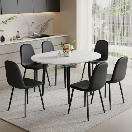 Miniatura 17 de Juego de mesa de comedor extensible de 42 a 54 pulgadas para 4, juego de mesa de comedor ovalada redonda para 4, mesa de cocina blanca con sillas 2º