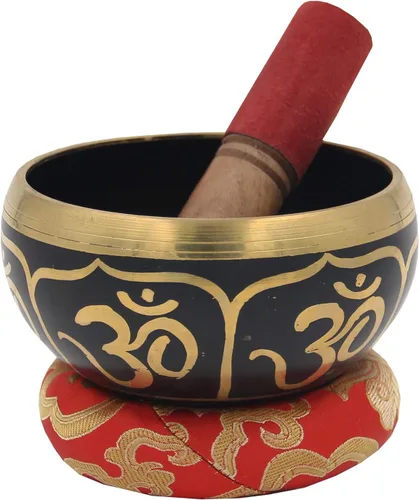 Miniatura 2 de DharmaObjects Mediano ~ Juego de cuencos cantantes hindú OM ~ con mazo, cojín de brocado y bolsa de transporte ~ para meditación, curación