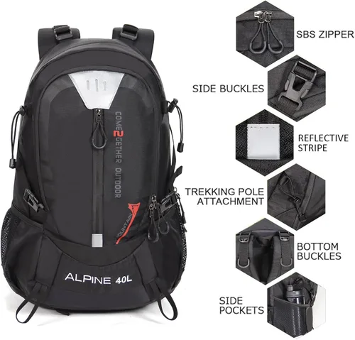 Miniatura 3 de Mochila de senderismo para acampar 40L al aire libre, mochila de viaje ligera con cubierta de lluvia para mujeres y hombres (negro)