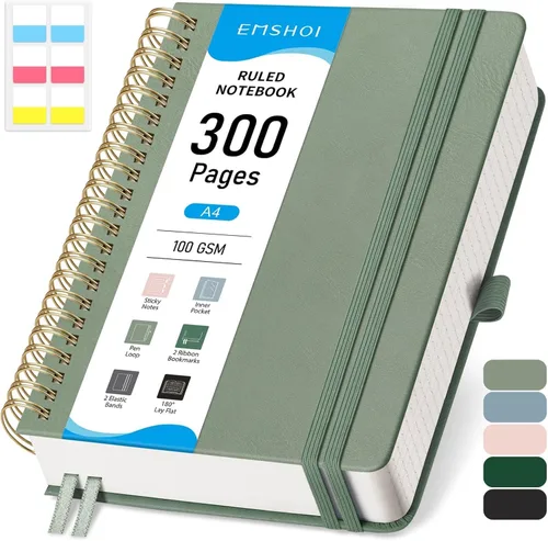 Miniatura 18 de EMSHOI Cuaderno de Espiral con Puntos para Bullet Journal - 300 Páginas, Cuero de Tapa Dura A4, Cuaderno de Cuadrícula de Puntos Gruesos de 100 GSM