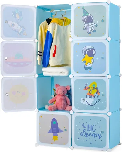 Miniatura 10 de INFANS Armario para niños, armario portátil para bebé, lindo para dormitorio de niños, armario de guardería con puertas, 12 cubos, 2 secciones