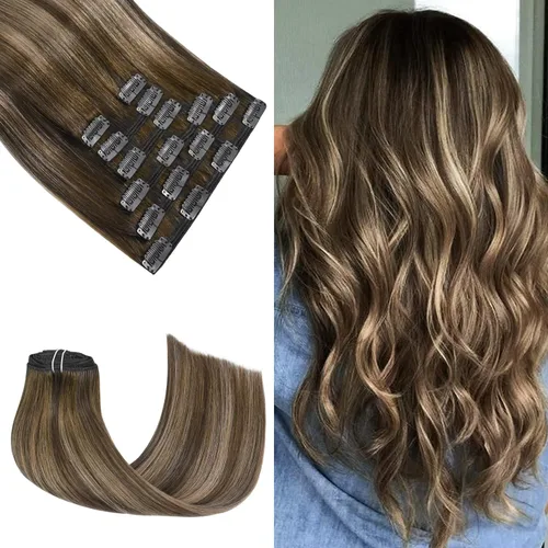 Miniatura 26 de Honsoo Extensiones de cabello humano real de color marrón con pinzas, marrón castaño, 15 pulgadas, 70 g, 7 unidades, cabello lacio sedoso y marrón