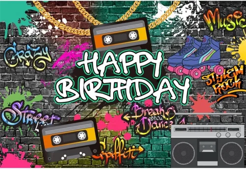 AOFOTO Telón de fondo de feliz cumpleaños de los años 80 y 90, de 5 x 3 pies, tema de regreso a los 80, 90, hip-hop, rock, fondo de cumpleaños,