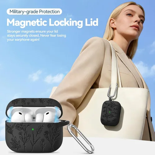 Miniatura 2 de Funda para Airpods Pro 3 con tapa magnética, fundas grabadas con flores para Apple AirPods Pro de 3ª generación 2025, funda de silicona suave
