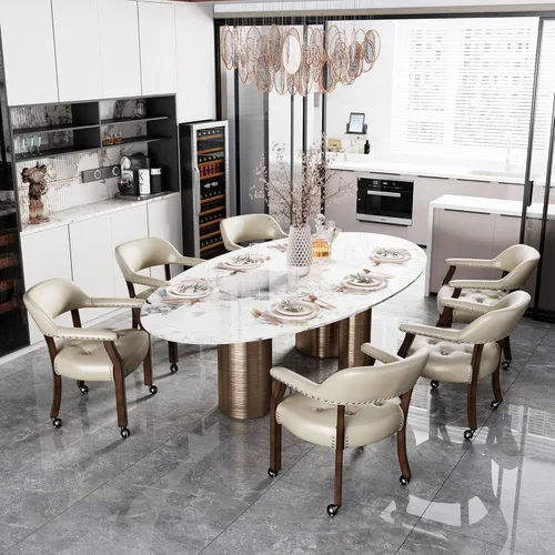 Miniatura 11 de Juego de 8 sillas de cuero de comedor con ruedas y brazos, silla de capitán Accent con ruedas, sillas de madera con ruedas enrollables para cocina