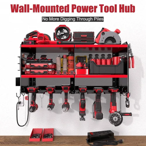 Miniatura 2 de Spampur Organizador de Herramientas Eléctricas de Pared con Regleta de Alimentación de 4 Tomas, Estante de Almacenamiento de Metal Resistente