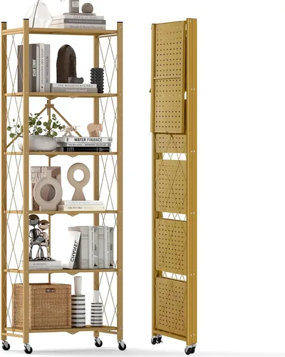 Miniatura 11 de DEANIC Estantería plegable de 5 estantes con ruedas, Estantería rodante de almacenamiento de servicio pesado, Unidad de estantería de alambre