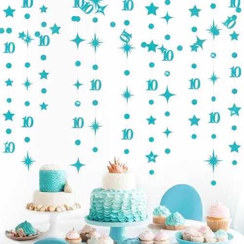 Miniatura 6 de Decoraciones negras de cumpleaños número 10, guirnalda de estrellas centelleantes con diseño de círculos, telón de fondo metálico para niñas, niños