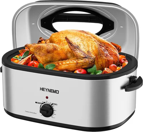 Horno rostizador eléctrico, con tapa visible y autohumectante, grande, con descongelado y mantenimiento de calor, temperatura ajustable, bandeja y