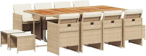 Miniatura 2 de Juego de muebles de patio de 13 piezas con cojines, sillas y taburetes plegables, juego de comedor de ratán de poliéster beige para jardín, patio