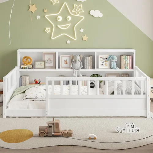 Miniatura 11 de SOFTSEA Montessori - Cama con puerta y barandillas, marco de cama baja de madera maciza con valla, no necesita somier, natural