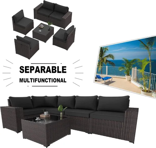 Miniatura 7 de Kullavik - Juego de muebles para exterior de 6 piezas con sofá modular de ratán de polietileno, color negro