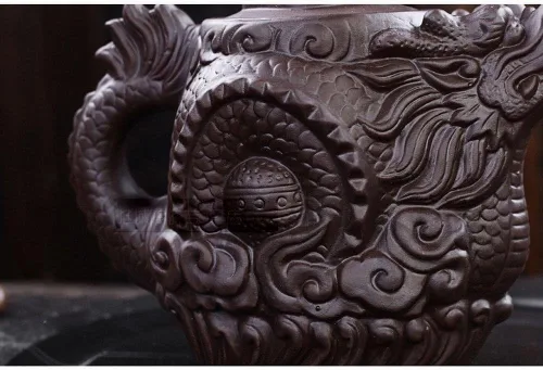 Miniatura 3 de Auténtica tetera Yixing Dragón y Fénix Tetera de gran capacidad Juego de té de arcilla morada, tetera Kung Fu (negro)