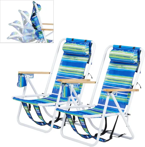 Miniatura 13 de Outvita Silla de playa plegable con reposacabezas ajustable de 4 ángulos de inclinación flexibles, con soporte para tazas, portátil, de alta Azul
