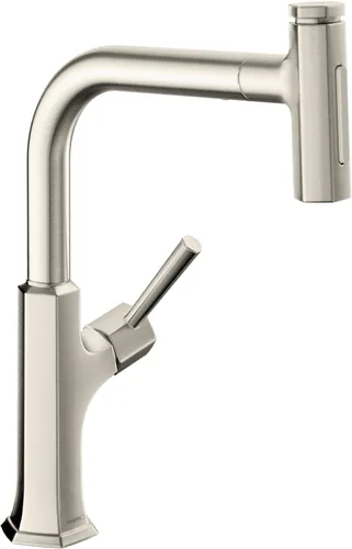 hansgrohe Locarno 04855800 - Grifo de cocina de acero inoxidable con pulverizador extraíble, grifo para fregadero de cocina, óptica de acero