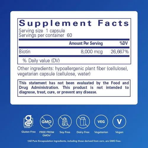 Miniatura 2 de Pure Encapsulations Biotina 8 mg - Suplemento de vitamina B para ayudar con el alivio del estrés, fortalecimiento del cabello, la piel y las uñas