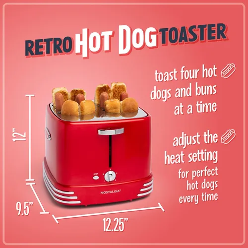 Miniatura 2 de Nostalgia Tostadora de 4 ranuras para perritos calientes y panecillos con pinzas mini, tostadora de hot dogs funciona con pollo, pavo, salchichas