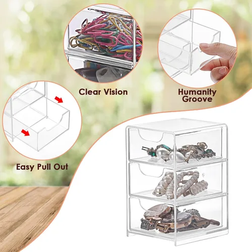 Miniatura 5 de BTSKY Paquete de 1 organizador de almacenamiento de acrílico pequeño con cajones, organizador de escritorio transparente de 3 capas para suministros