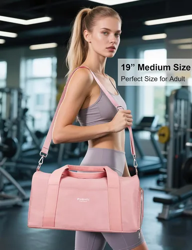 Miniatura 6 de Bolsa de gimnasio rosa para mujeres y niñas con compartimento para zapatos y bolsillo húmedo - Bolsa de lona para viajes, deportes, fitness