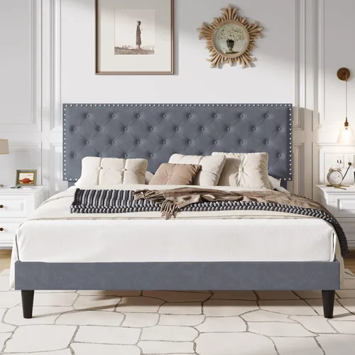 SHA CERLIN Marco de cama de terciopelo tamaño King con cabecera ajustable, acolchado con botones de diamante y decoración de remaches, no necesita