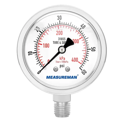 Miniatura 38 de MEASUREMAN - Manómetro de presión 1/4 NPT, manómetro de presión lleno de glicerina 0-100psi/kPa con esfera de 2.5 pulgadas y caja de acero