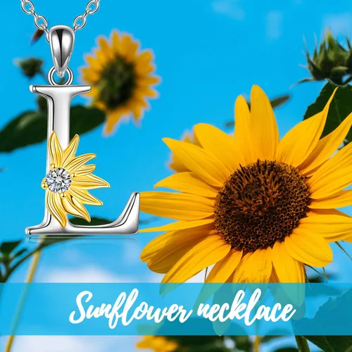 Miniatura 6 de POPLYKE Collar de girasol con inicial, regalos de girasol para mujeres y niñas, letra del alfabeto, letra y nombre, Plata esterlina, cristal