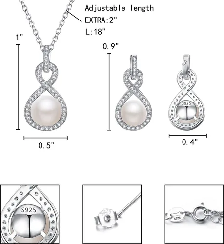Miniatura 8 de EleQueen Juego de collar y aretes de plata de ley 925 con circonita cúbica AAA, color crema, perlas cultivadas de agua dulce, color marfil