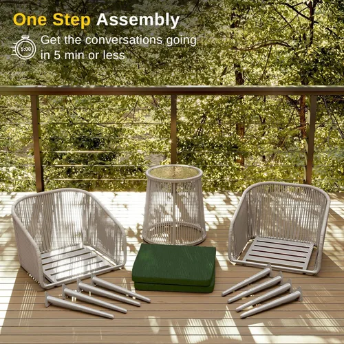 Miniatura 5 de East Oak Juego de 3 piezas para patio bistró, juego de conversación de patio con 2 sillas ergonómicas anchas, cojines y mesa auxiliar de cristal