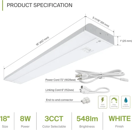 Miniatura 2 de ASD Iluminación LED de 45 cm para debajo del gabinete enchufable o cableada, interruptor alto/bajo/apagado, 8W 120V 3 CCT 2700K/3000K/4000K CRI90+