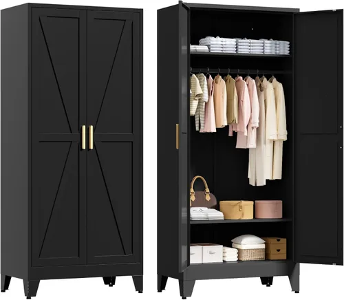 LCAOPC Armario de metal de 71 pulgadas de alto con estantes ajustables y barra para colgar, 2 puertas, armario independiente para dormitorio, Negro