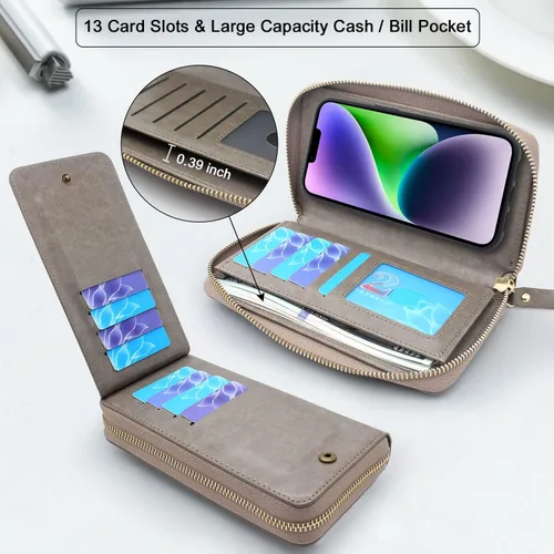 Miniatura 3 de Funda compatible con iPhone 15 Plus/iPhone 14 Plus, Crossbody con doble cremallera desmontable de cuero tipo cartera funda para teléfono