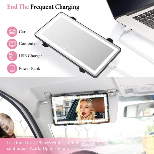 Miniatura 5 de SINGARO Espejo de tocador con visera solar para automóvil, espejo de maquillaje recargable con 60 LED, 3 modos de luz y control táctil regulable