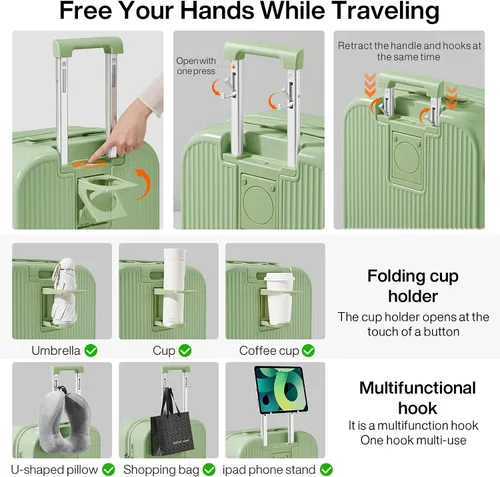 Miniatura 4 de Maletas mixi con soporte para taza y teléfono, maletas rígidas de viaje con ruedas giratorias, Verde aguacate, 20 pulg., Moda