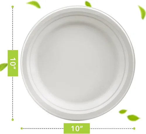 Miniatura 2 de three leaf Plato redondo de bagazo de 10 pulgadas, 25 unidades, platos de bagazo desechables, resistentes, súper fuertes, naturales y ecológicos