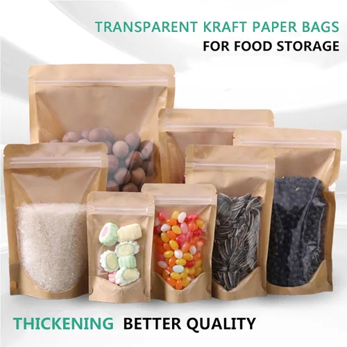 Miniatura 6 de 50 bolsas de papel kraft con ventana transparente Fornt bolsas resellables de pie con cierre de cremallera, bolsas de almacenamiento de alimentos