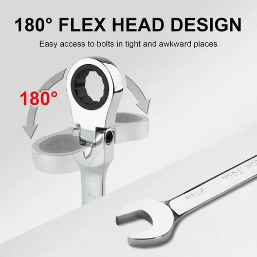Miniatura 5 de Jetech Llave combinada de trinquete de cabeza flexible de 1.063 in, llave de grado industrial prémium de acero Cr-V de 72 dientes, extremo de caja