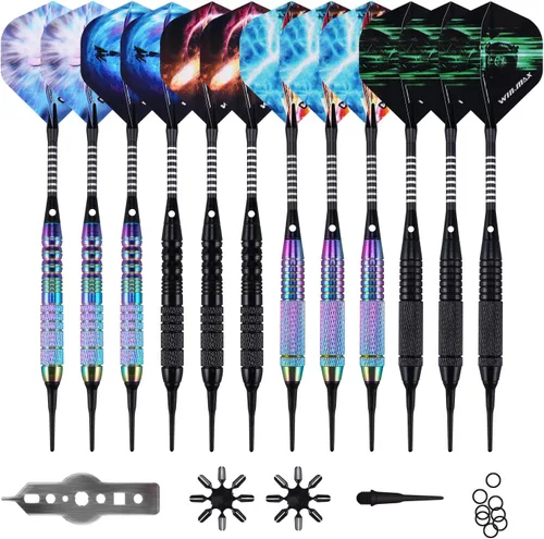 Miniatura 11 de WIN.MAX Darts Plastic Tip - Soft Tip Darts Set - 12 Pcs 18 Gram with 100 Extra Dart Tips 12 Flights Flight Protectors and Wrench for Electronic Dart