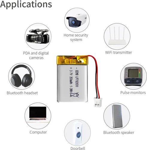 Miniatura 6 de EEMB 3.7V Lipo Batería 350mAh 702030 Batería de iones de polímero de litio Batería recargable de polímero de iones de litio con conector JST